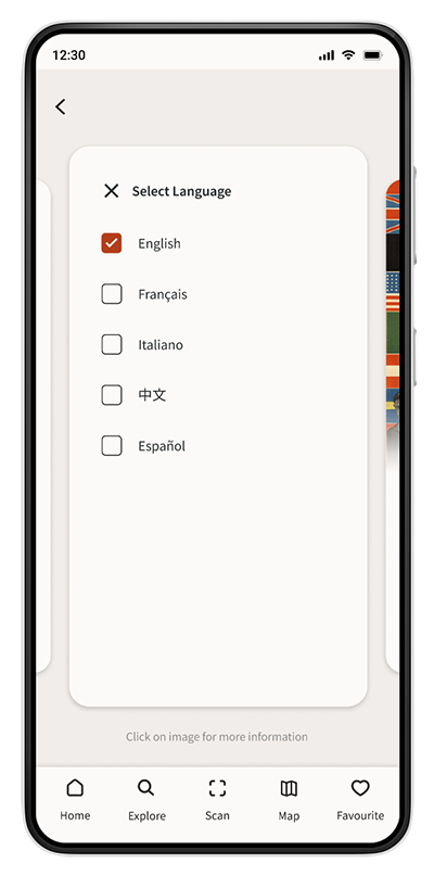 Artura audio player screen with transcript and language selection