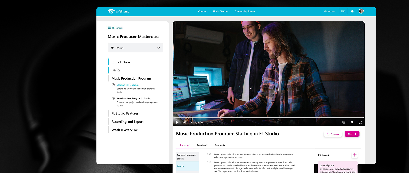 E-Sharp music course page — full showcase