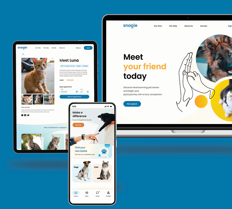 Snagie animal-shelter website and mobile app mockups