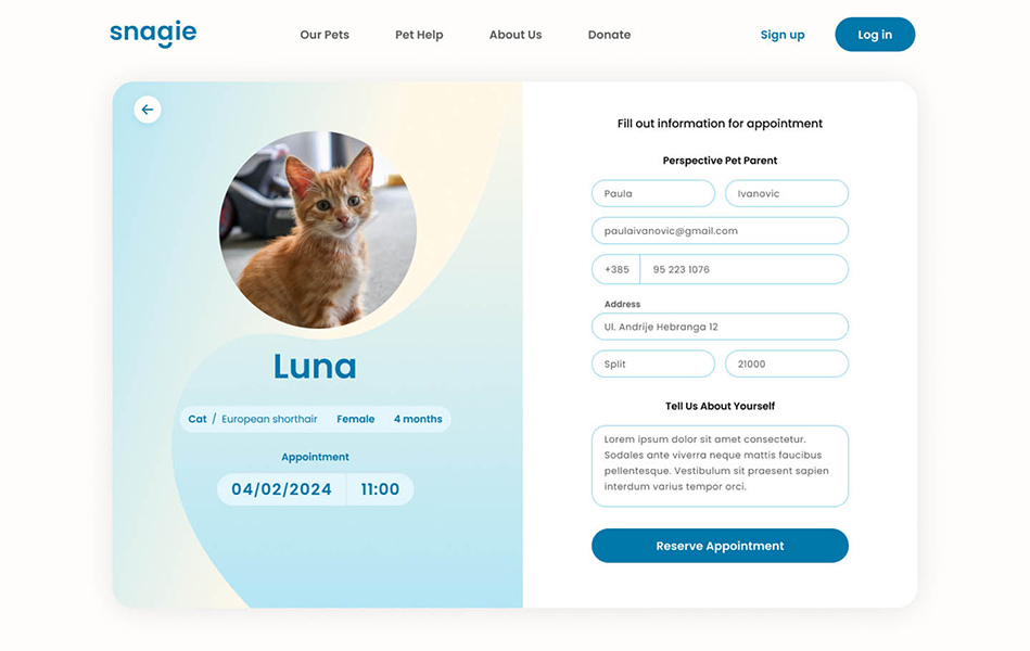 Snagie short adoption form screen